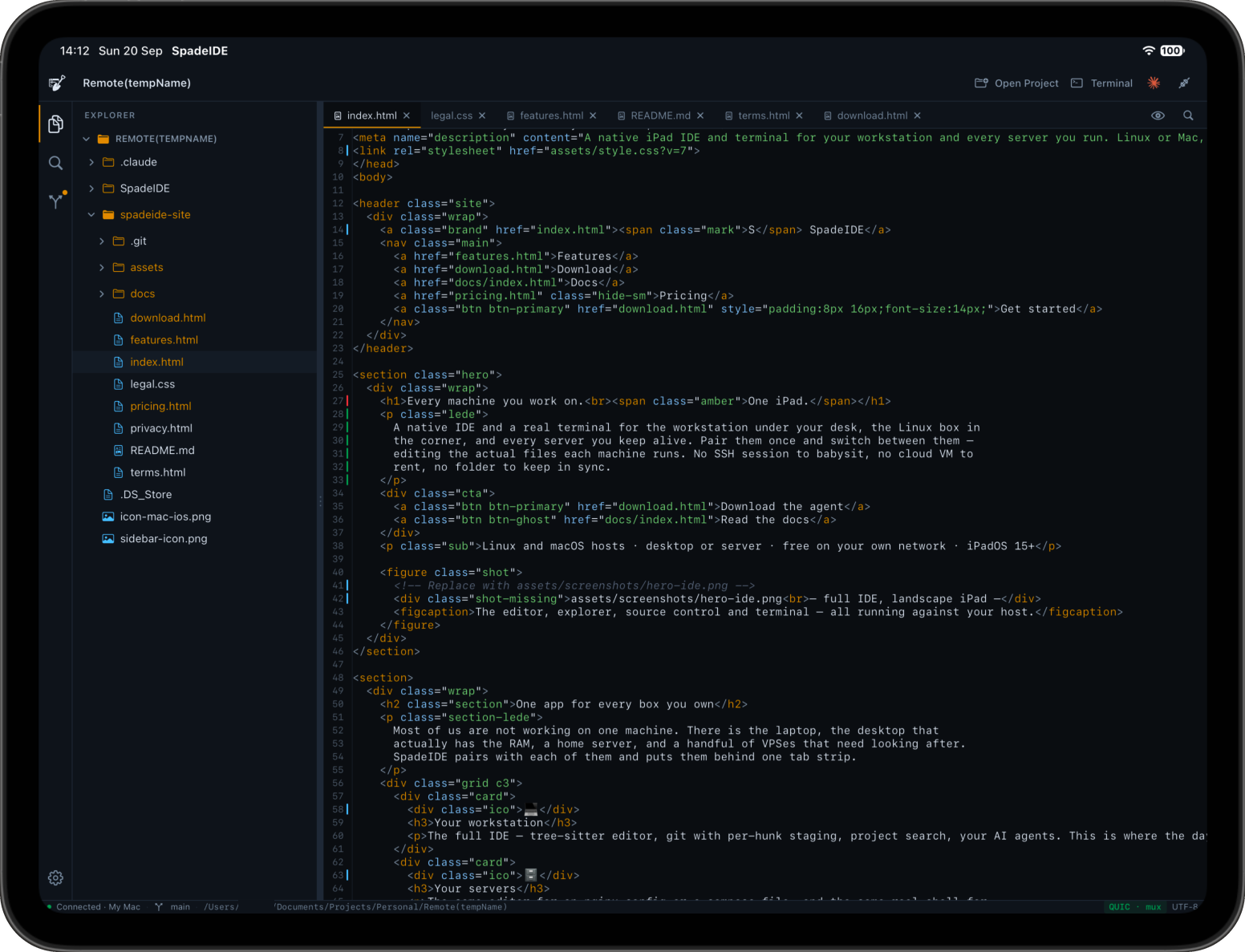 SpadeIDE editor with syntax highlighting and git change bars