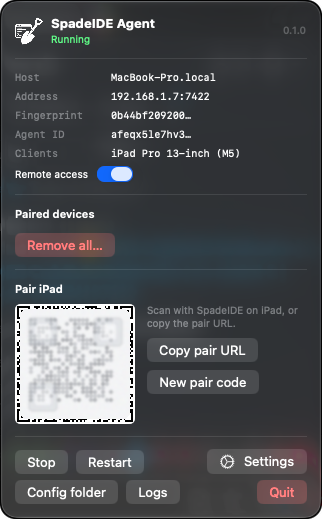 SpadeIDE Agent menu-bar popover with pairing QR